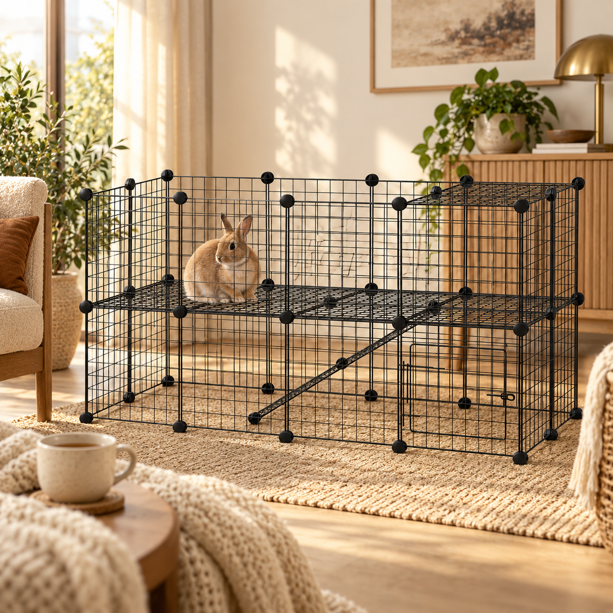Rabbit resting on the upper wire level of a black grid playpen, seen past a mug and knit blanket in a living room