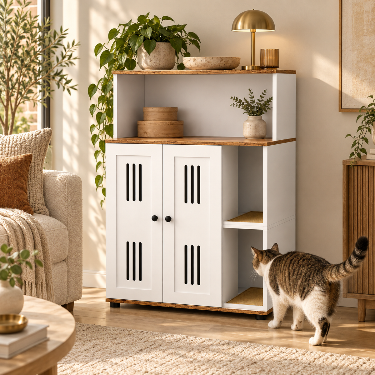 Tabby cat walking beside a white litter box cabinet with slatted doors, a cat entrance and a wood-toned top shelf