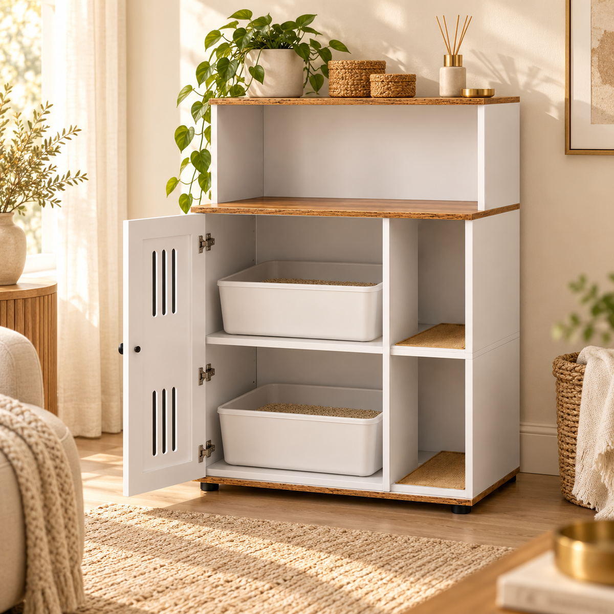 White litter box cabinet with an open door showing two white litter boxes stacked on shelves, plants on top