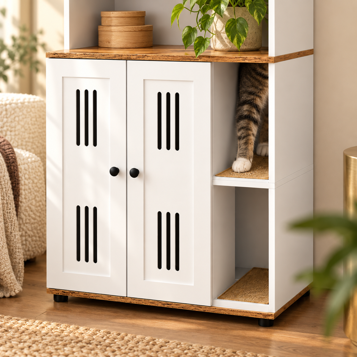 Cat paw and tail visible in the side cubby of a white litter box cabinet with black slatted doors and scratching pad