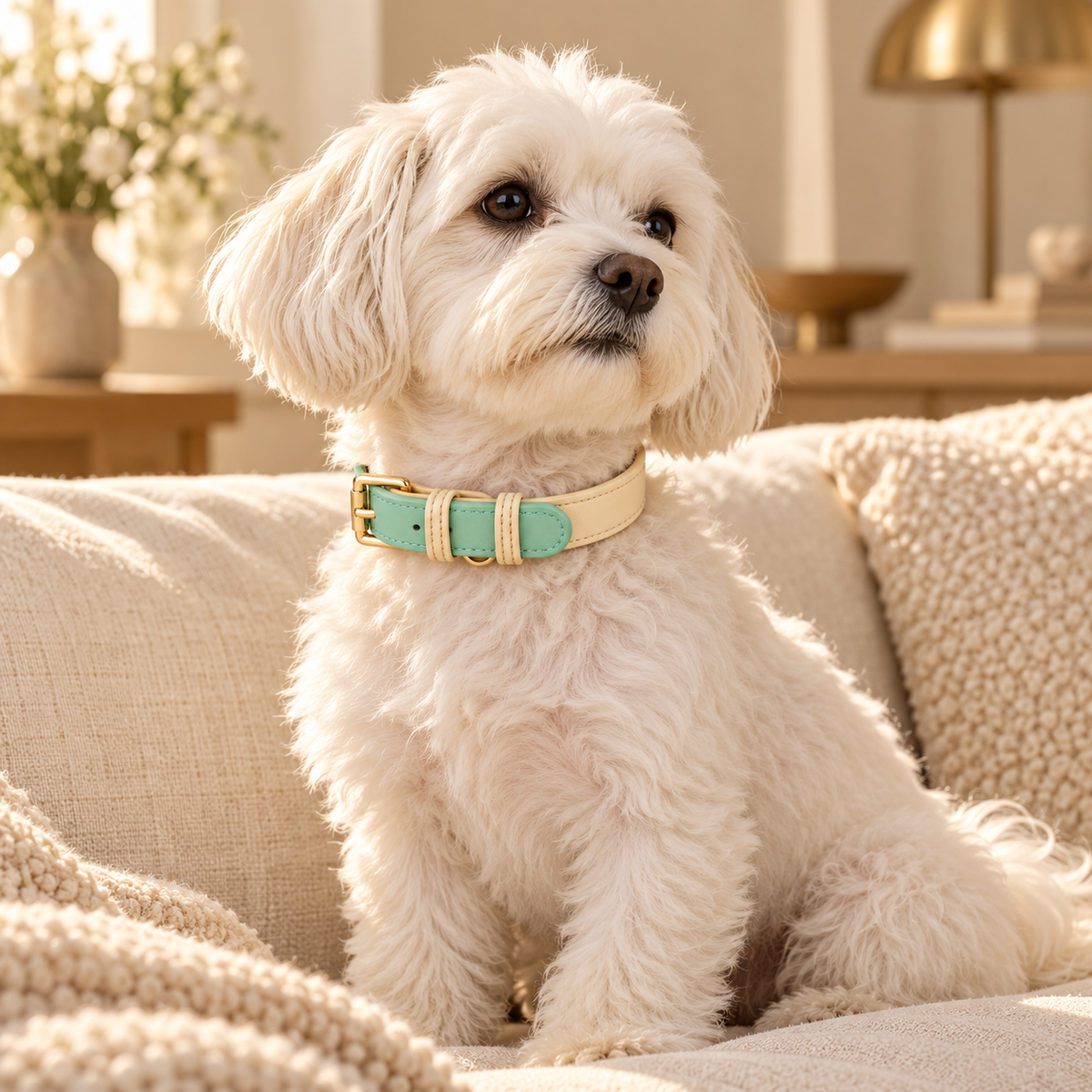 Small fluffy white dog sitting on a sofa wearing a mint green and cream leather dog collar with gold buckle