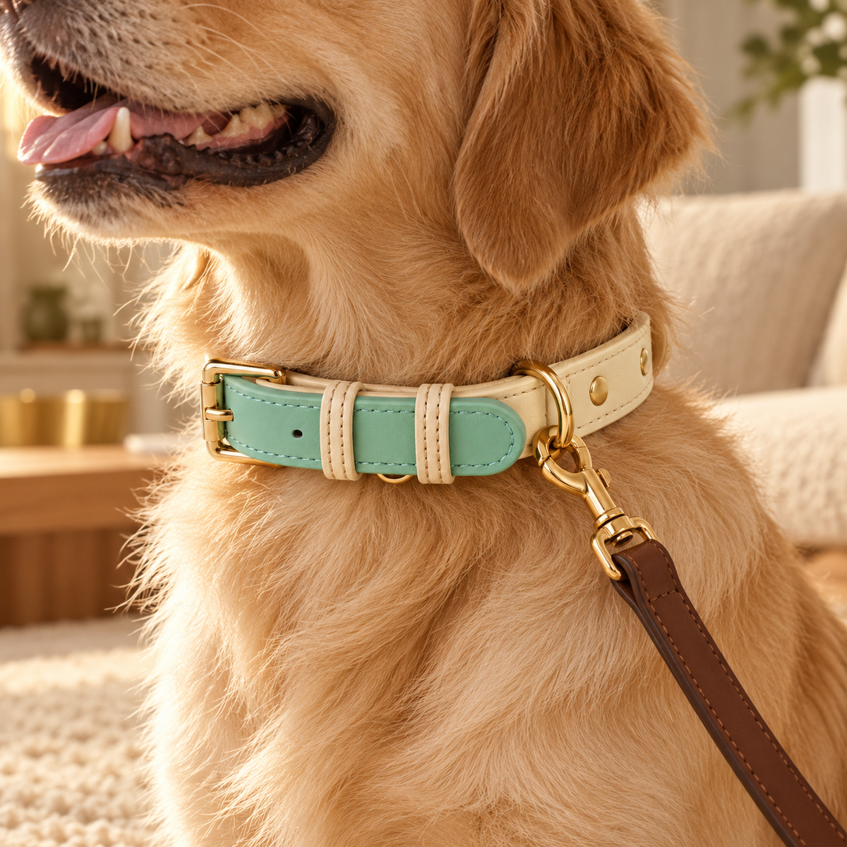 Close-up of a golden retriever wearing a mint and cream two-tone leather dog collar with a brown leash clipped on