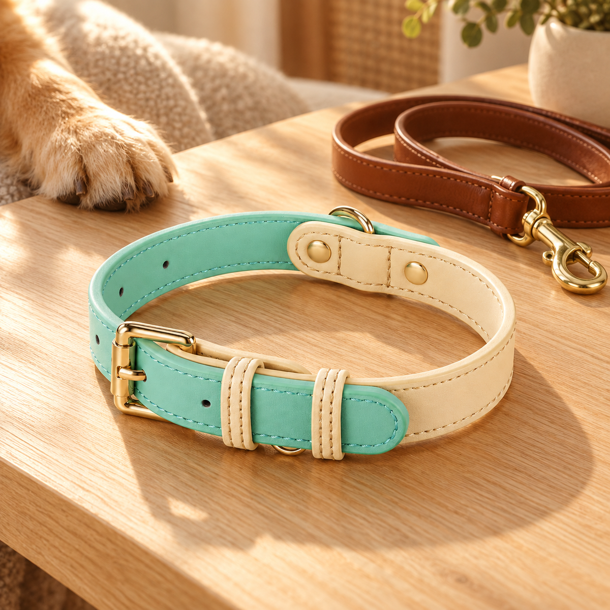 Mint green and cream two-tone leather dog collar with gold buckle on a wooden table beside a brown leash and a dog paw