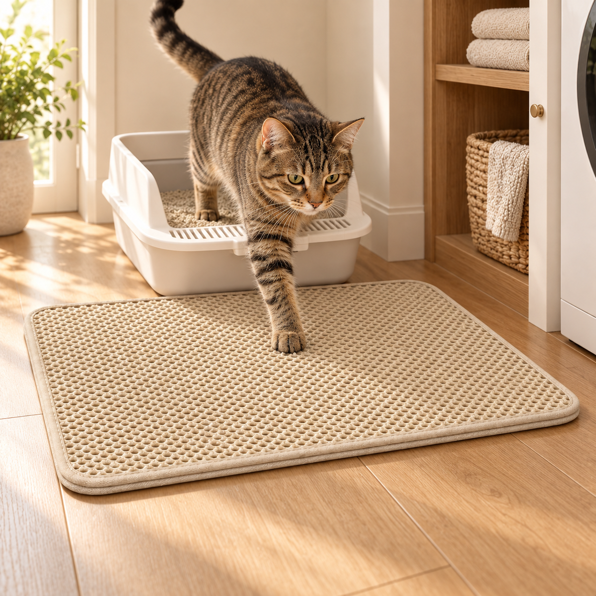 Tabby cat stepping out of a litter box onto a beige perforated litter mat