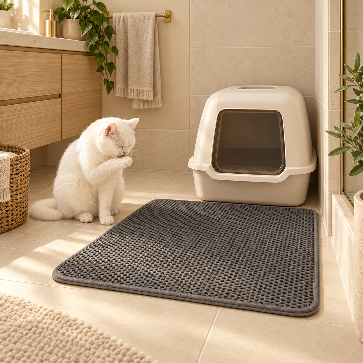 Gray litter mat in front of a covered litter box in a cream-tiled bathroom, white cat beside it