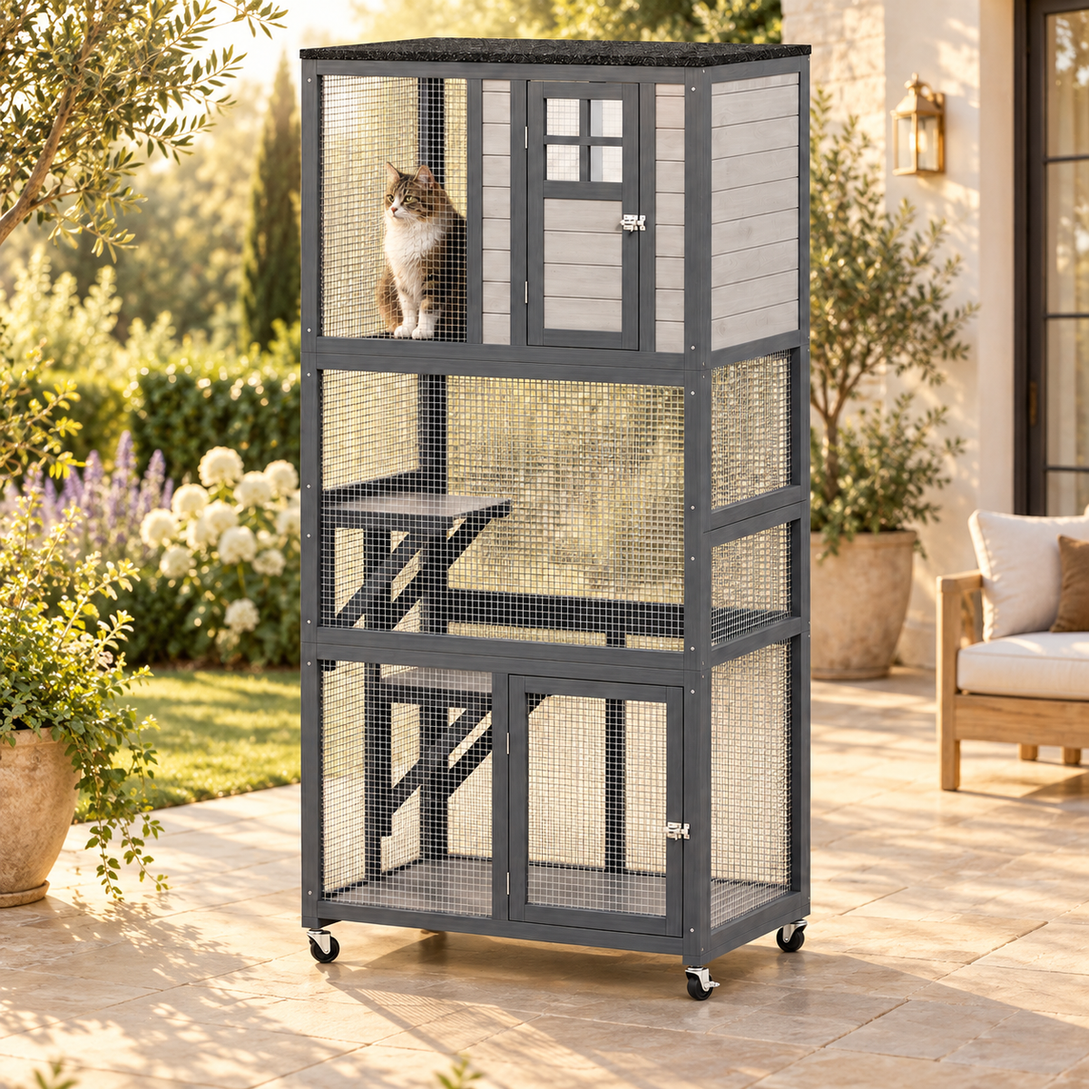 Gray and white wooden catio on wheels with wire mesh and a cat sitting on an upper level, set on a sunny patio