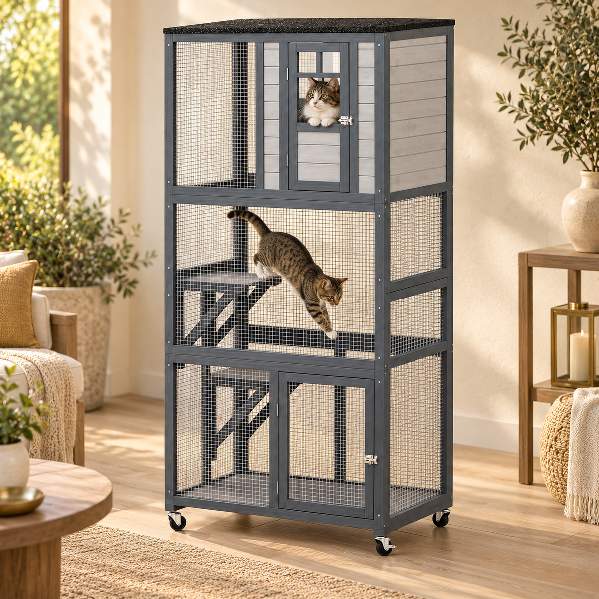 Tall gray wooden catio with mesh panels and casters, a tabby cat leaping between shelves and another at the window