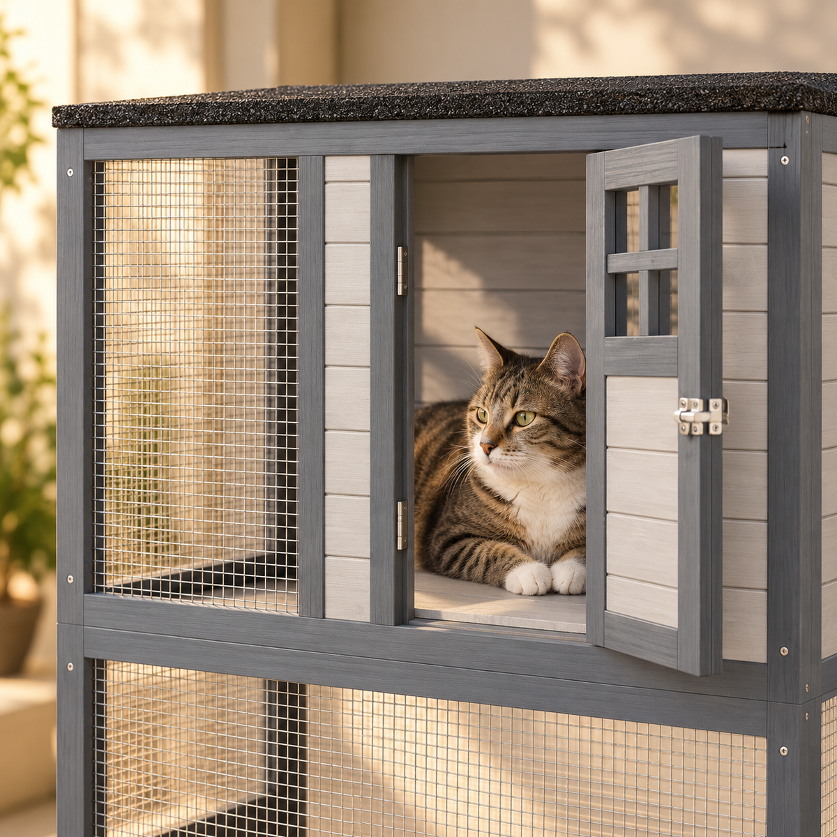 Close-up of a tabby cat lying in the upper cabin of a gray wooden catio with mesh sides and a small open door