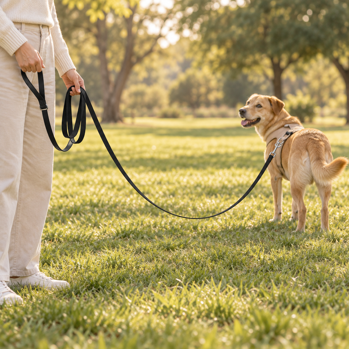Adult holds a long black training leash attached to a tan dog in a beige harness, with slack line over grass