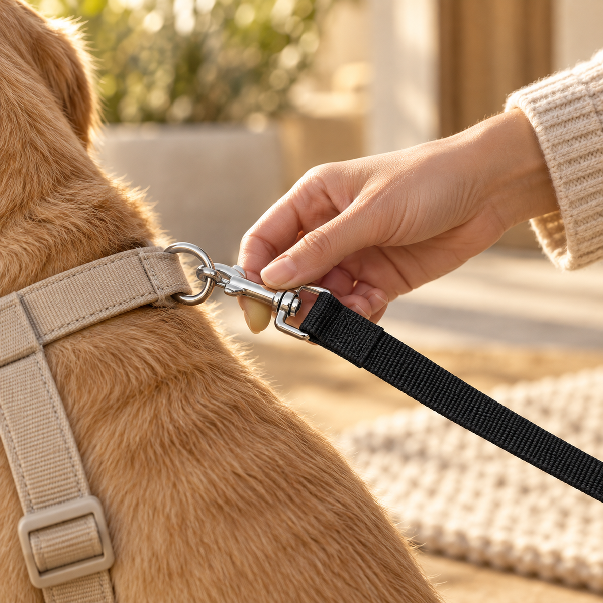 Hand checks the silver swivel snap of a black webbing leash on the back ring of a beige dog harness