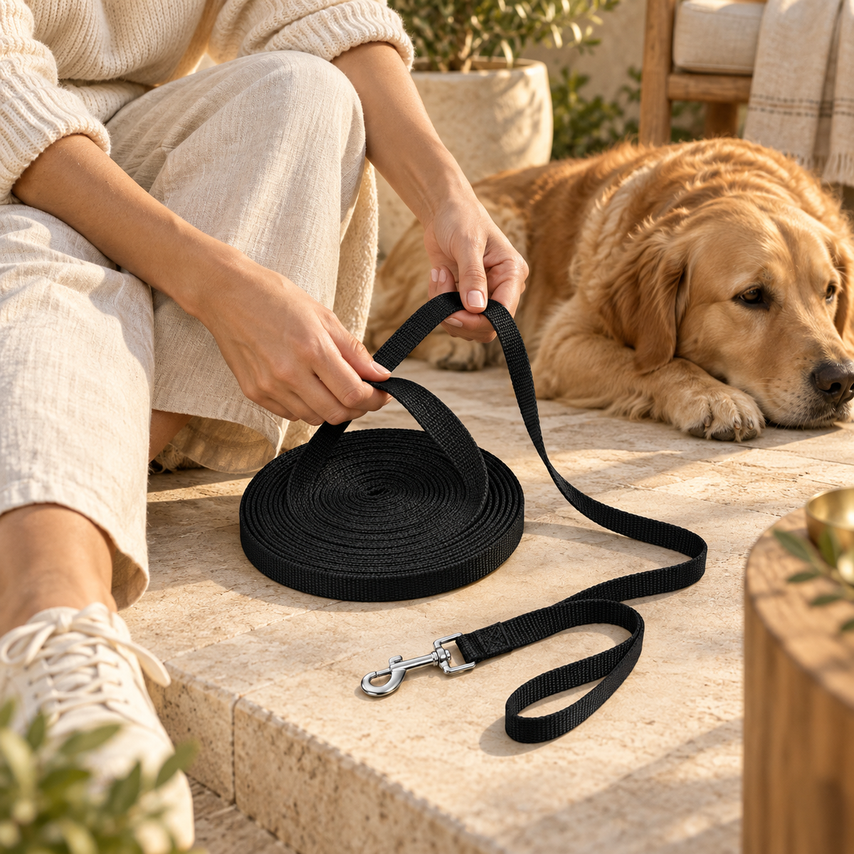 Person gathers a black flat-webbing leash into a coil on a stone terrace while a golden dog rests nearby