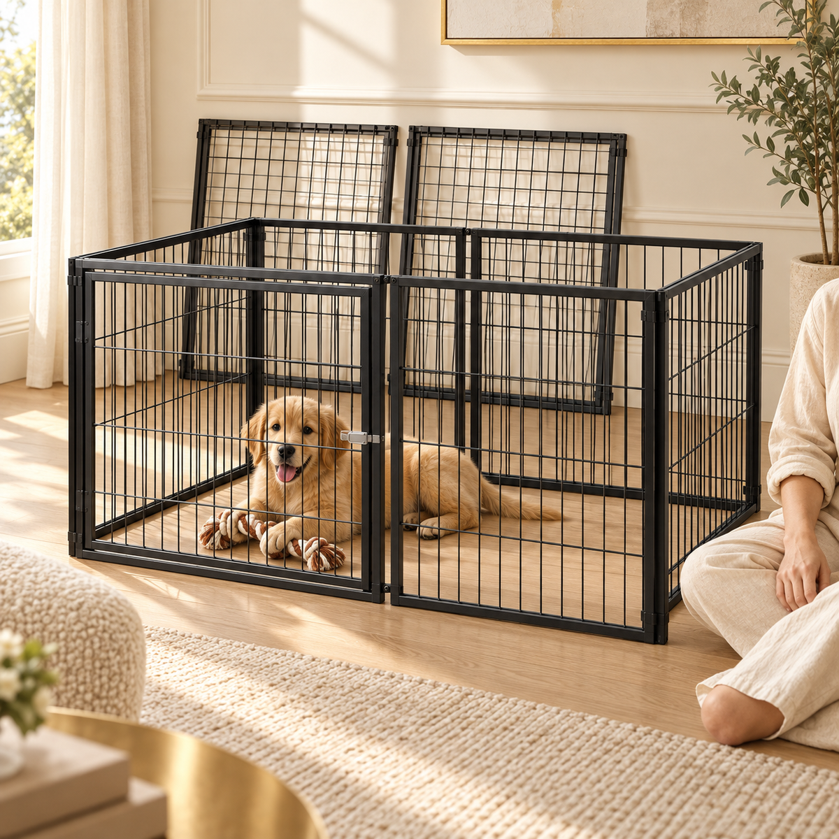 Golden puppy with a rope toy in a black wire kennel used as an open pen, its top panels leaned against the wall