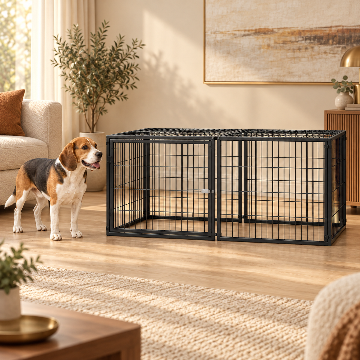 Beagle standing next to a low black wire kennel, its back below the top of the closed kennel