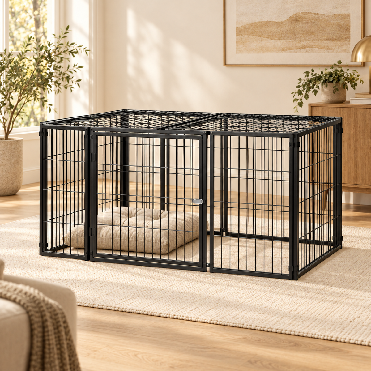 Low black wire dog kennel with a linen cushion standing on a cream floor mat over a hard oak floor