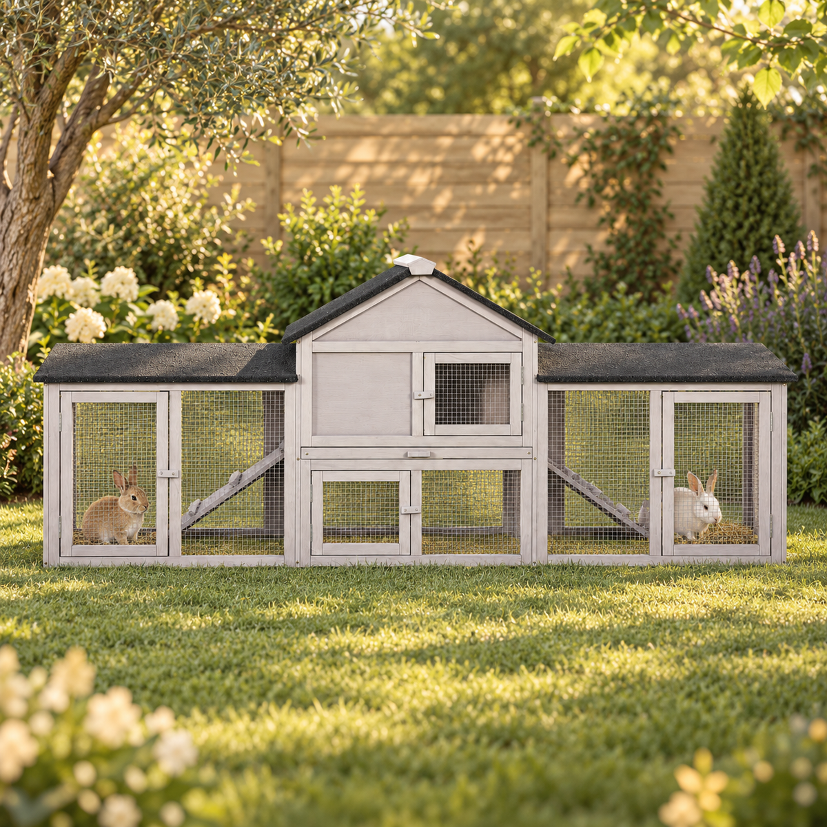 Front view of a gray double-run rabbit hutch on a garden lawn with one rabbit resting in each covered side run