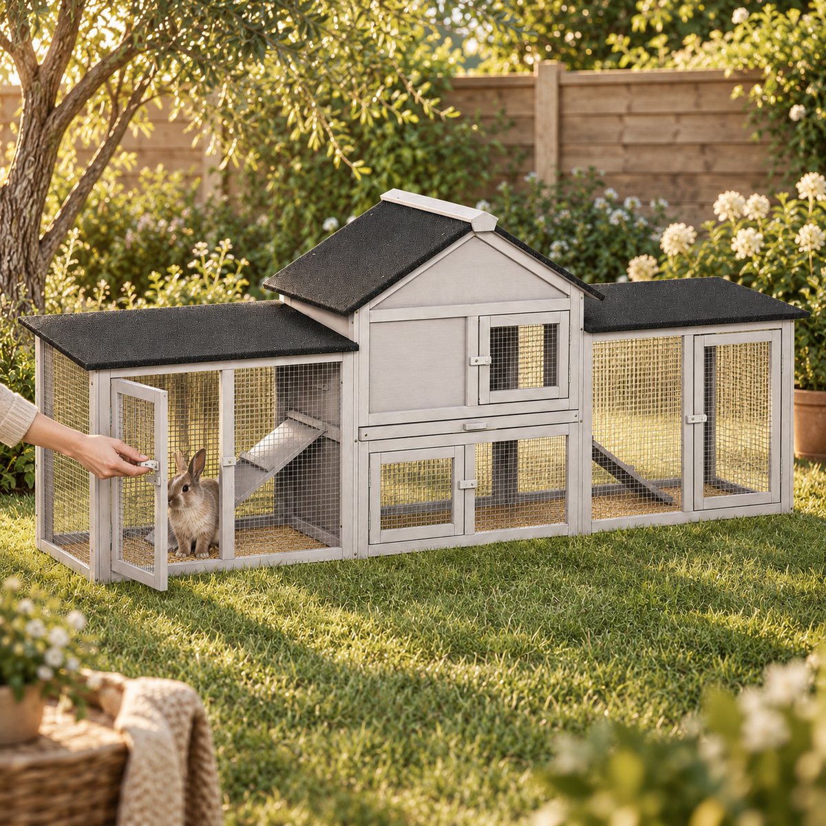 Hand opening the latched mesh door of a side run on a gray wooden rabbit hutch with a rabbit sitting inside
