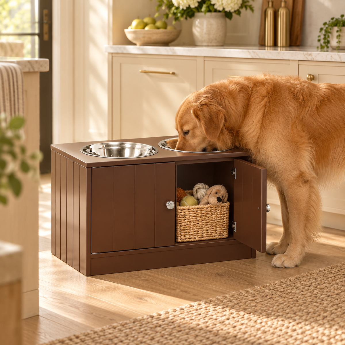 Golden retriever eating from a steel bowl on a brown dog feeding station with an open cabinet showing a basket and toys