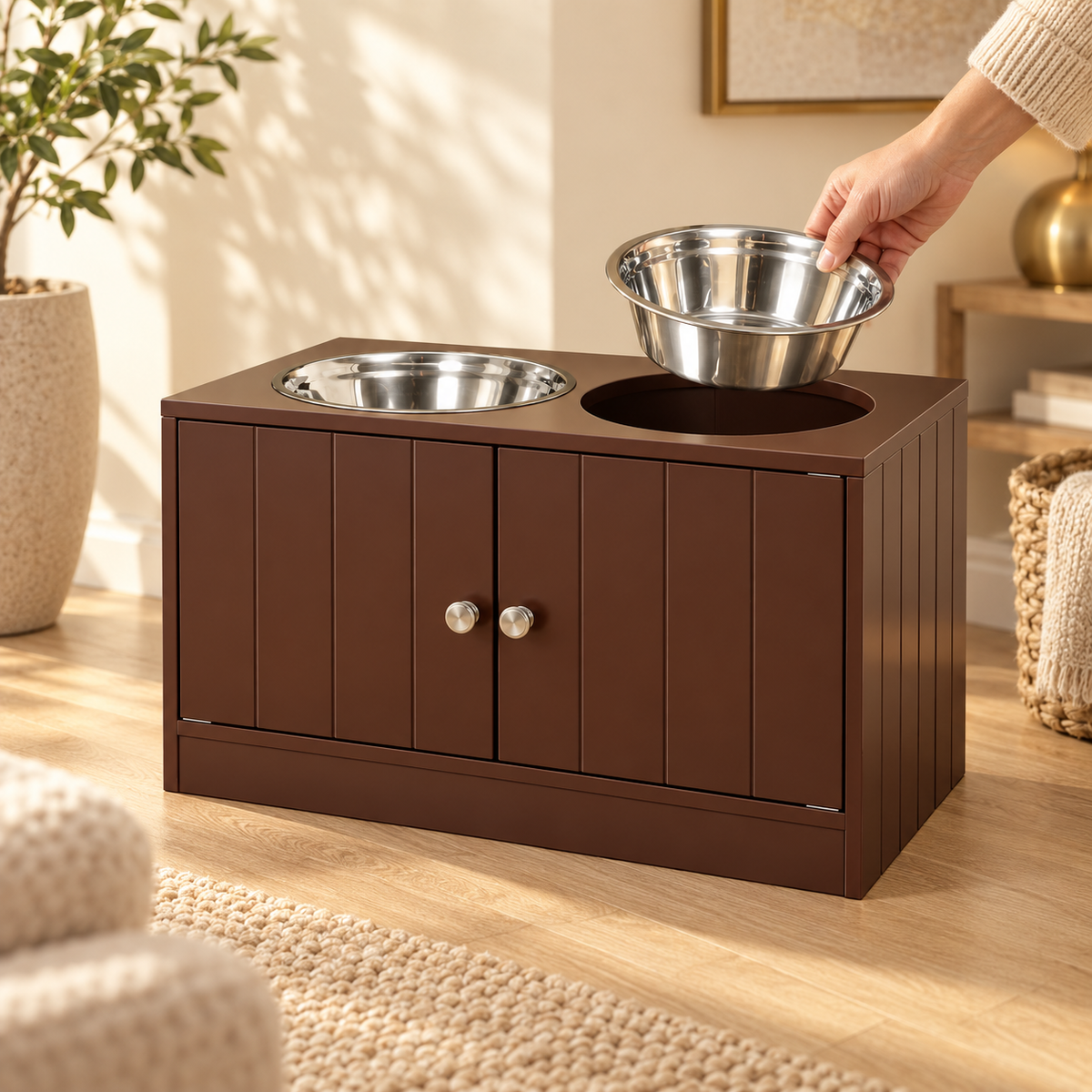 Hand lifting a stainless steel bowl from a brown wooden dog feeding station with two cabinet doors and round knobs