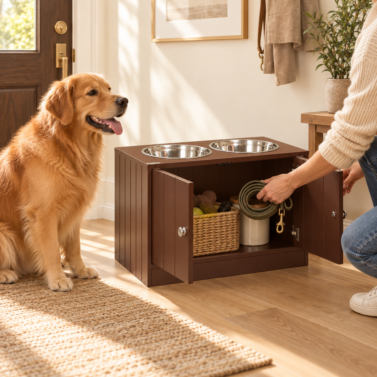 Golden retriever sitting beside a brown dog feeding station as a person hangs a coiled leash in its open cabinet
