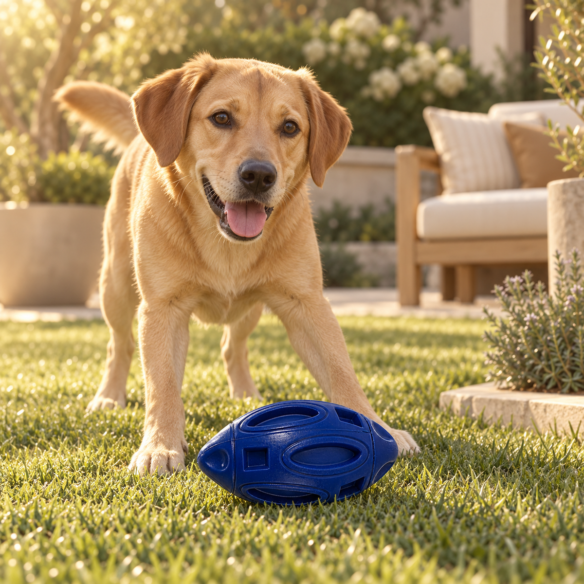 Tan dog standing on a garden lawn behind a navy rubber football with raised oval and square textures