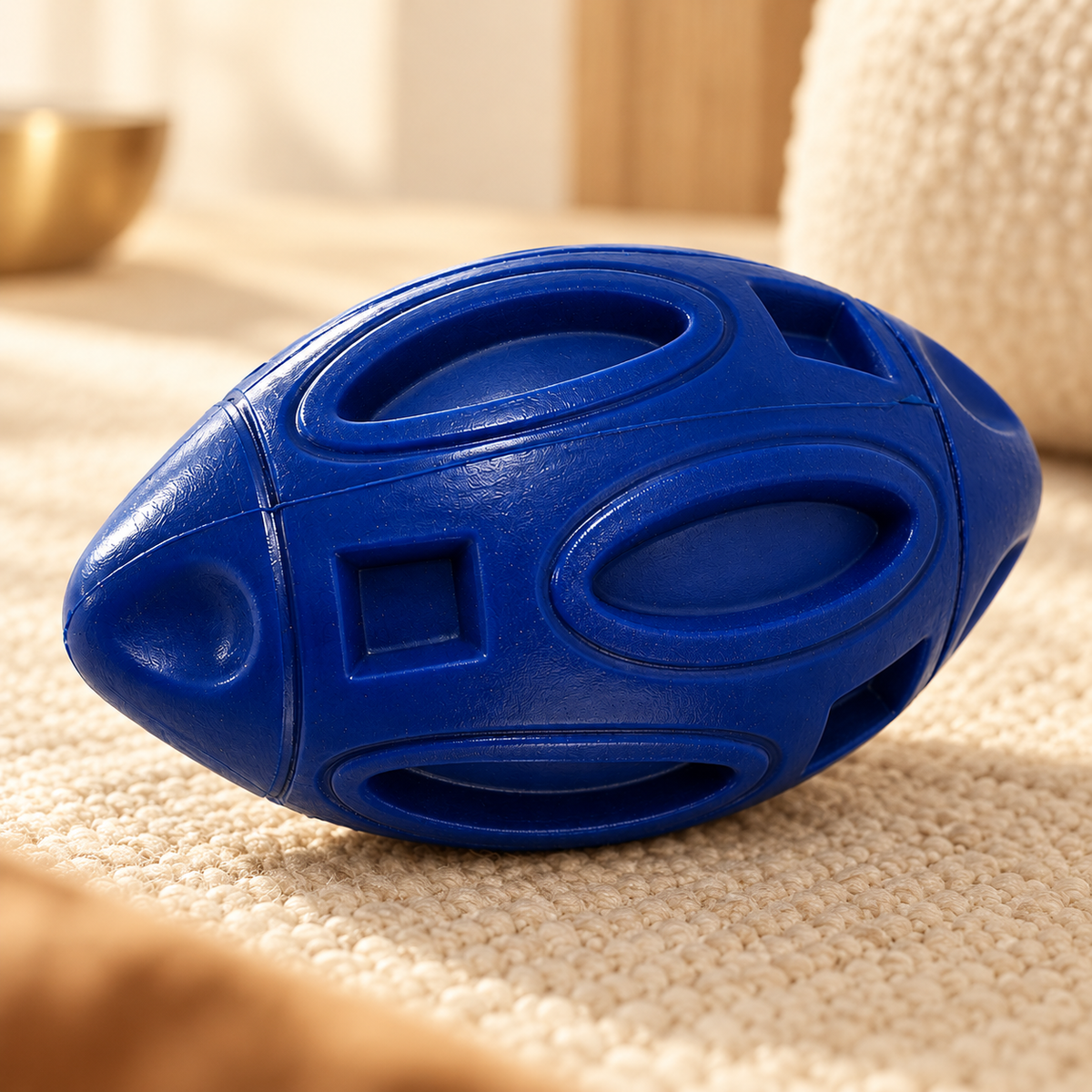 Navy football-shaped dog toy on a cream woven surface, showing its molded oval panels and square recesses