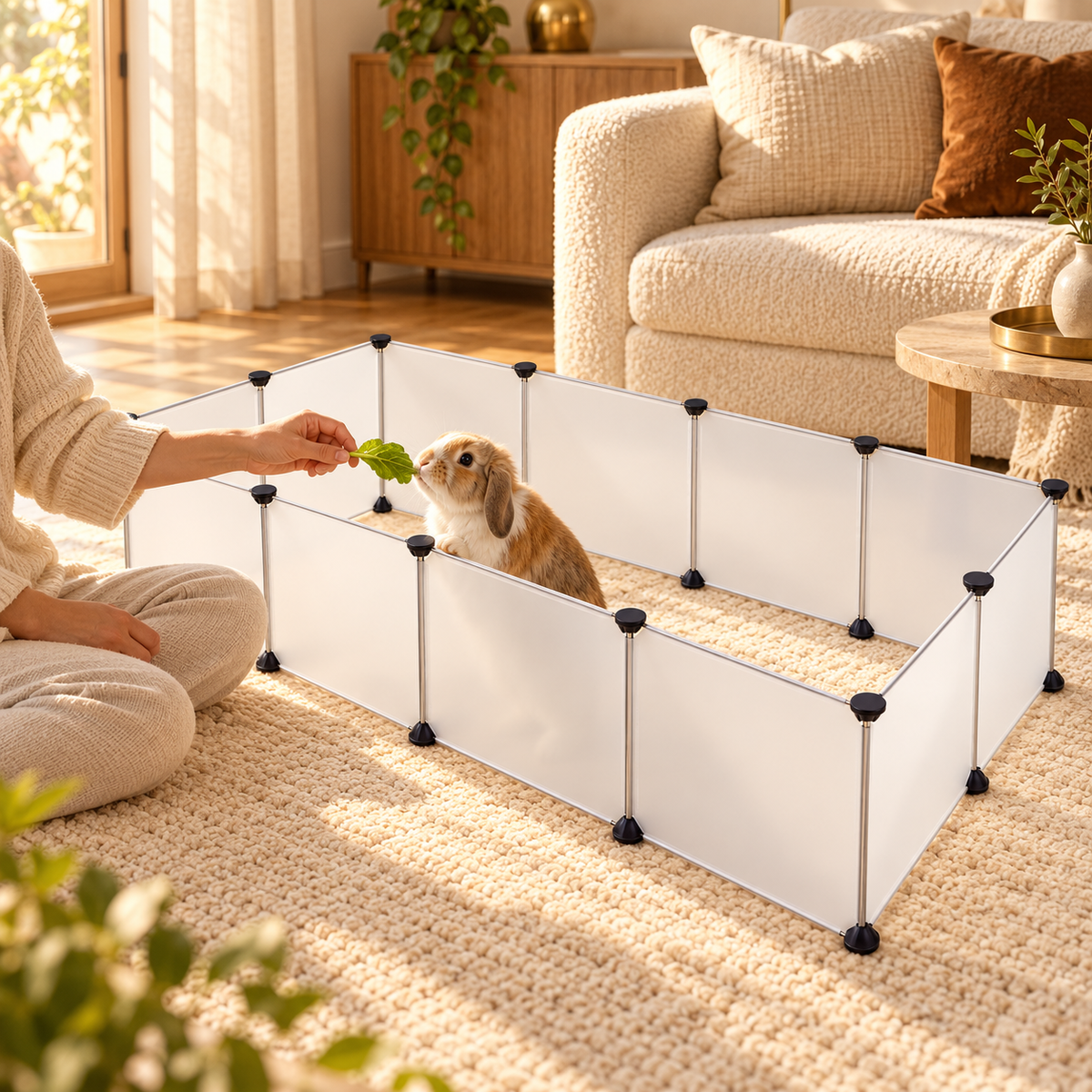 Person feeding a leaf to a lop-eared rabbit inside a white translucent modular small pet playpen on a woven rug