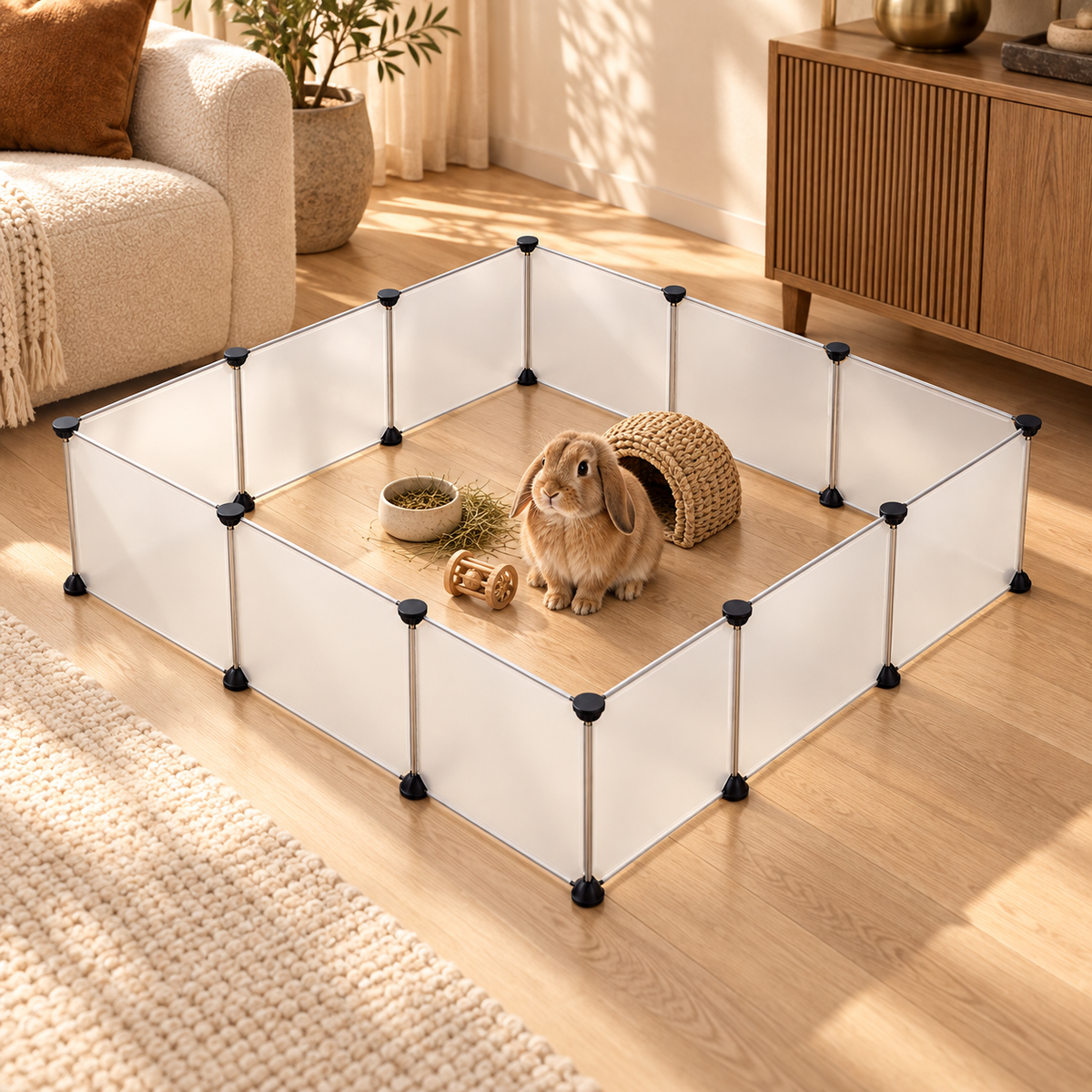 Lop-eared rabbit with a woven hideout, food bowl and wooden floor inside a rectangular frosted small pet playpen