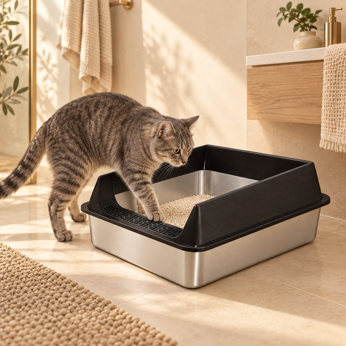 Gray tabby cat stepping into an open litter box over its low front, the black rim taller at the back and sides