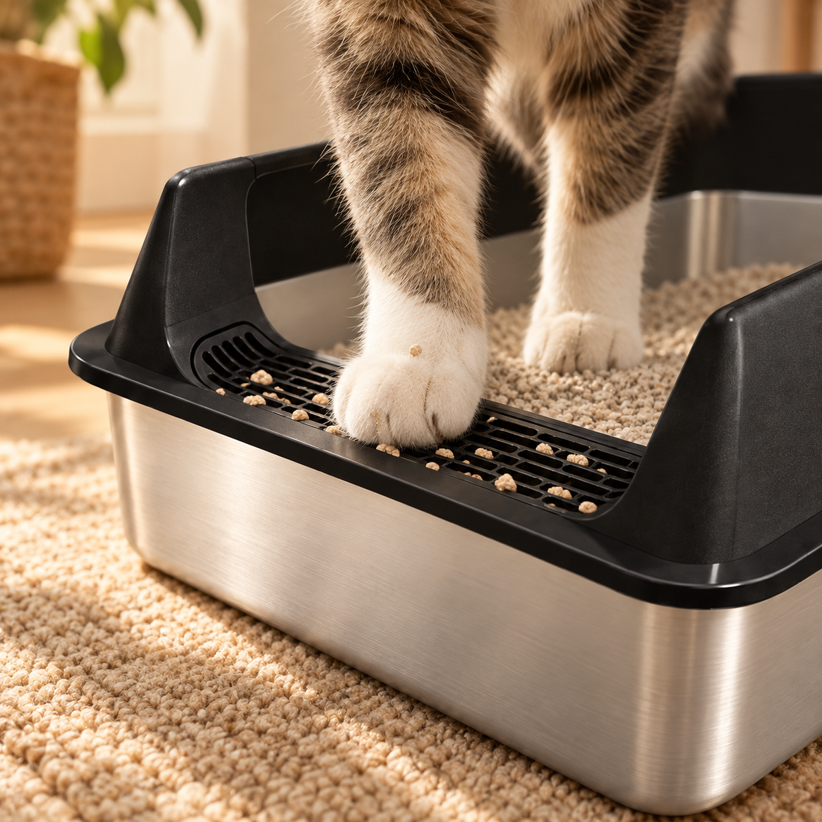 Cat paws crossing the black textured grid at the front of a stainless steel litter box, loose grains caught