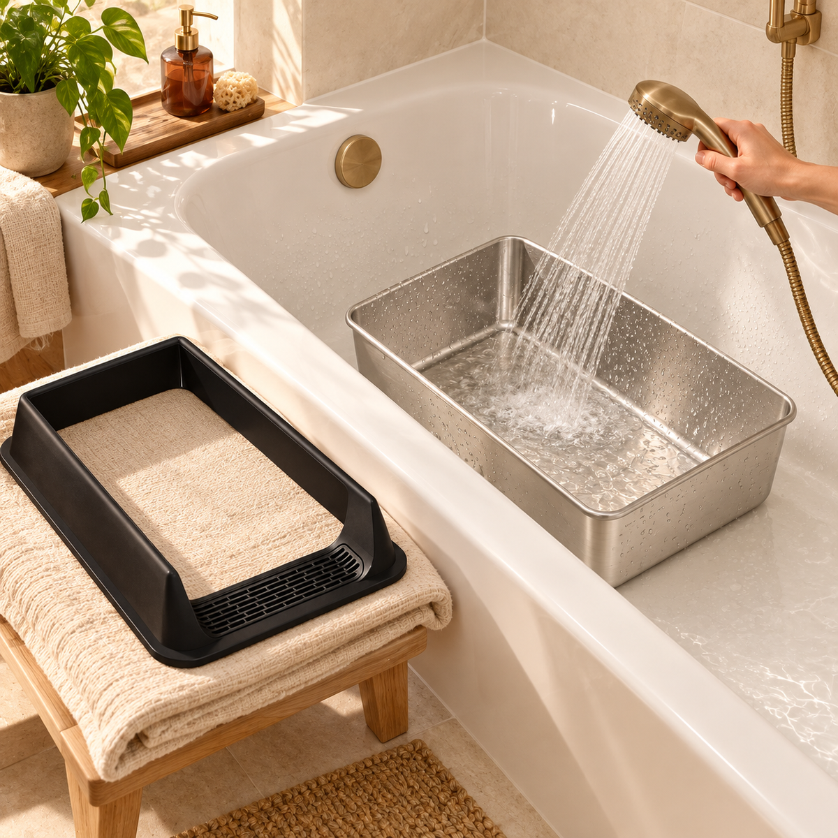Empty stainless steel litter pan rinsed with a hand shower in a bathtub, its black rim set aside on a towel