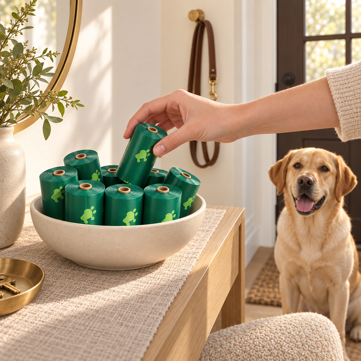 Hand taking a green waste bag roll from a bowl by the door as a labrador waits