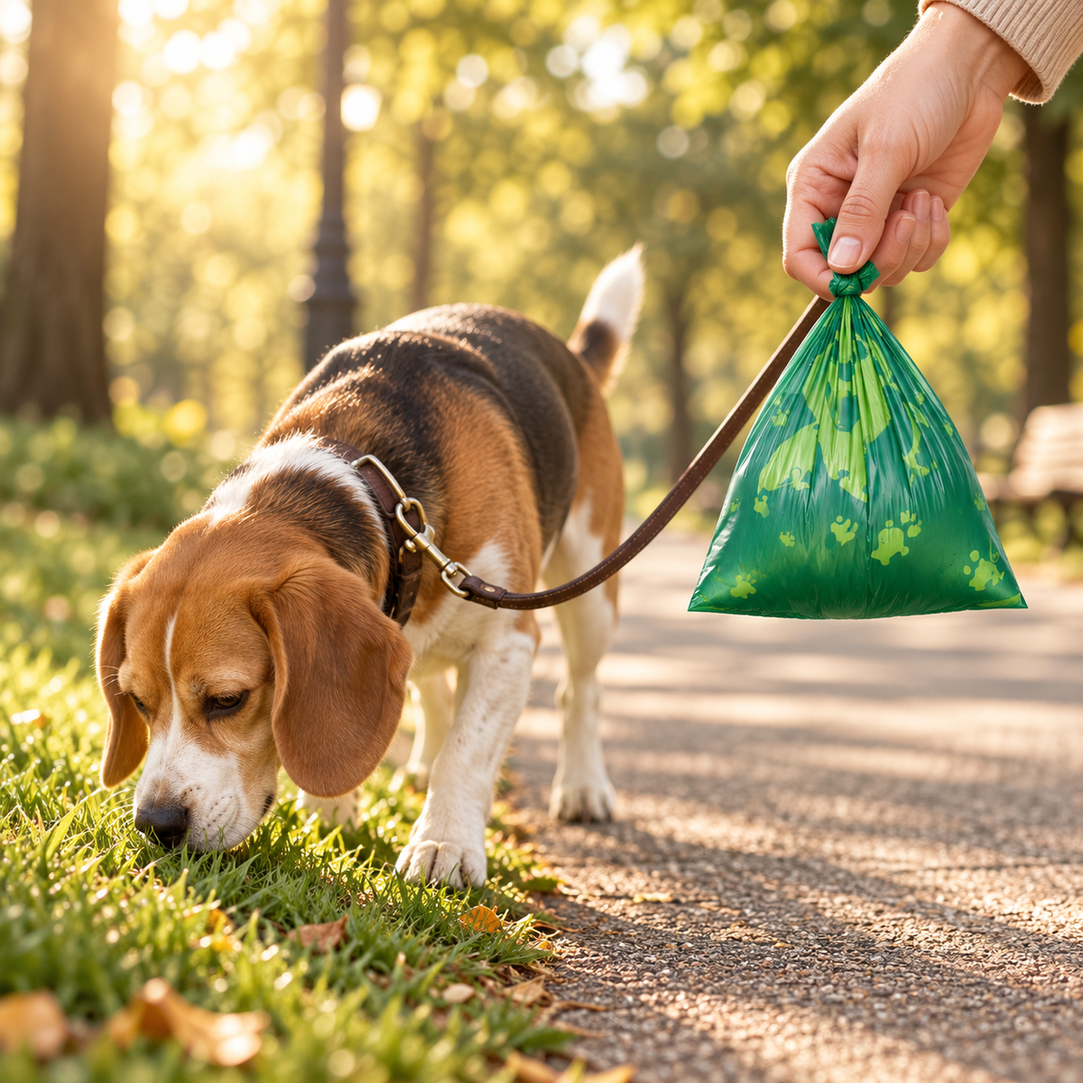 Hand holding a knotted green waste bag on a park path while a beagle sniffs the grass