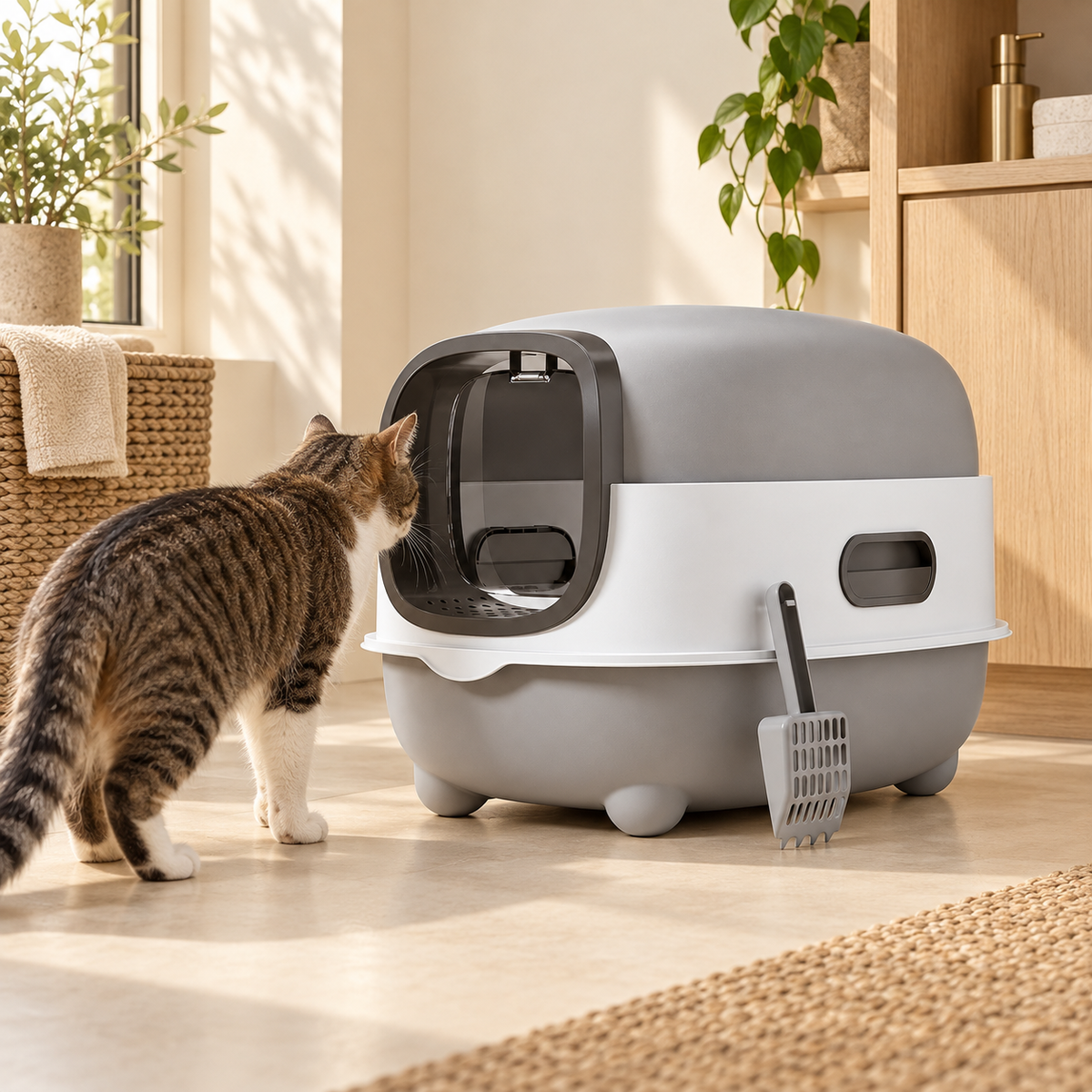 A tabby cat approaches the front flap of a gray and white oval litter box with a scoop hanging at its side.