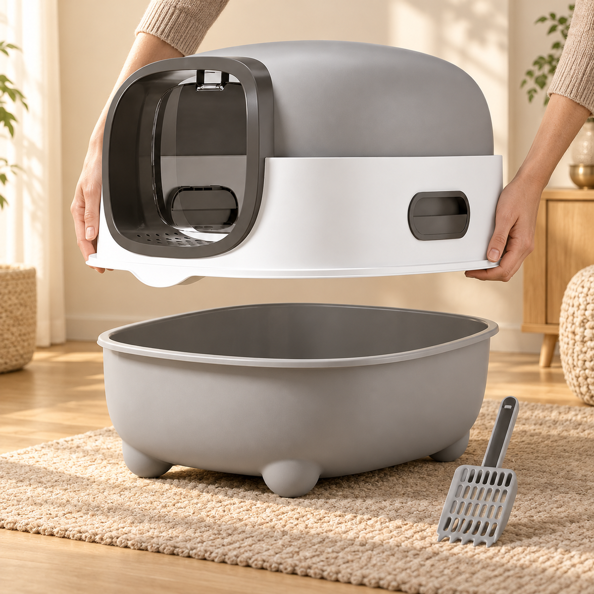 Hands raise the gray hood and white band above the oval basin, with the matching scoop resting nearby.