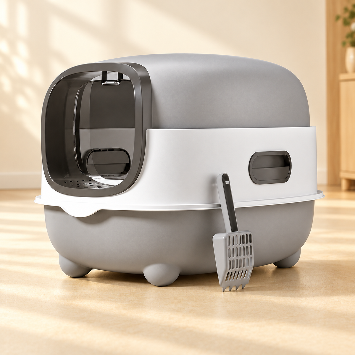 Gray and white oval litter box showing the matching scoop, side handle and rounded feet in warm daylight.