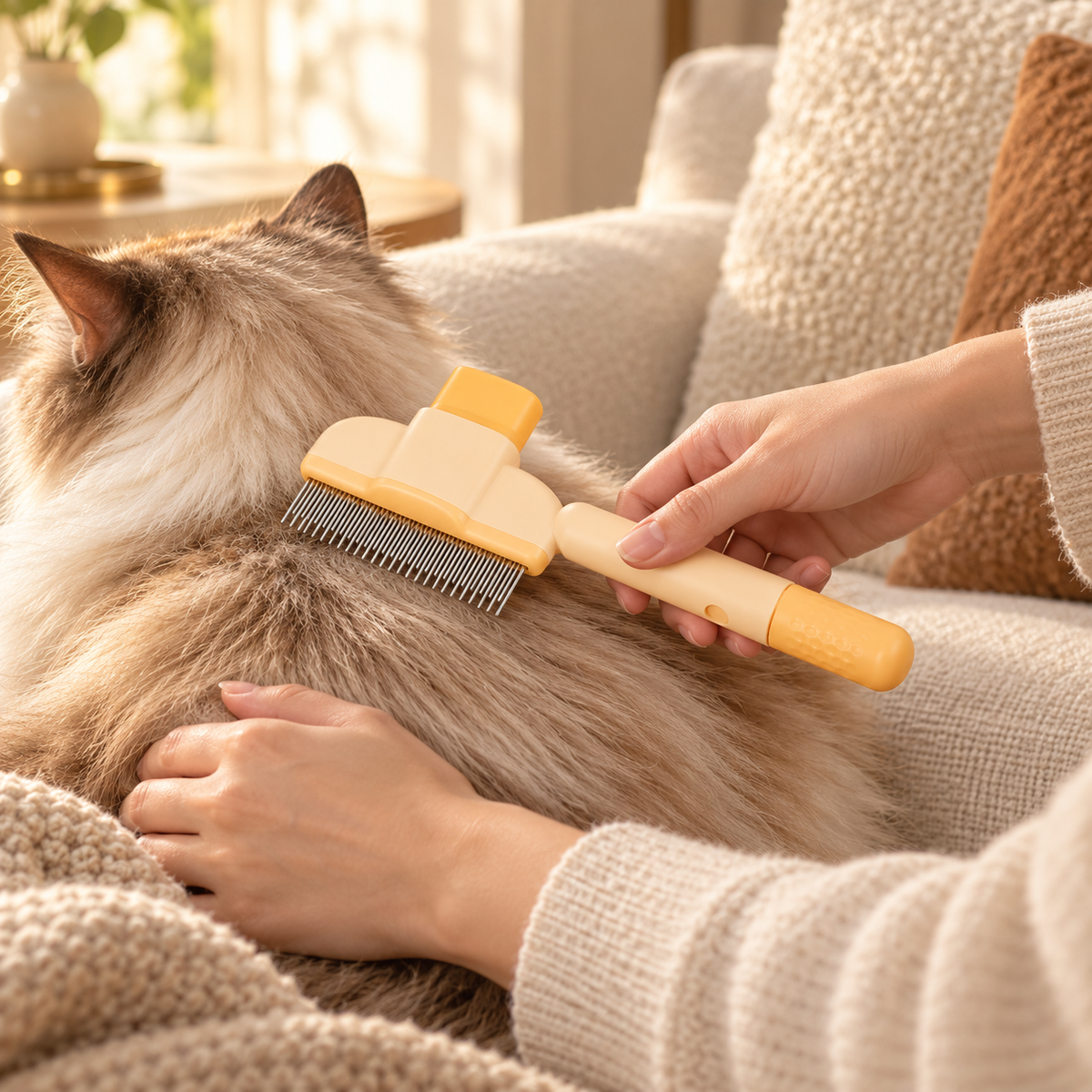 An adult guides the pale apricot comb through the back fur of a long-haired cat on a cream sofa.