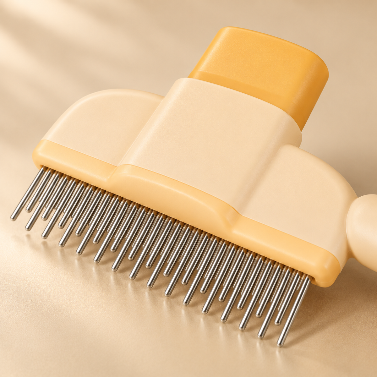 Alternating long and short silver teeth extend from the pale apricot comb head in a close detail view.