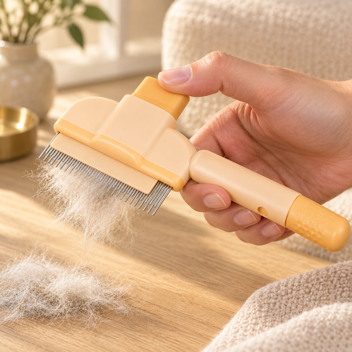 A finger presses the yellow-orange release button as the comb plate pushes collected fur off the teeth.