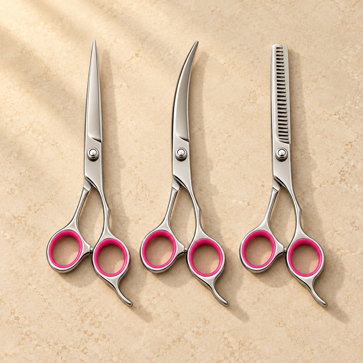 Three silver grooming shears with pink finger rings lie side by side: straight, curved and thinning blades