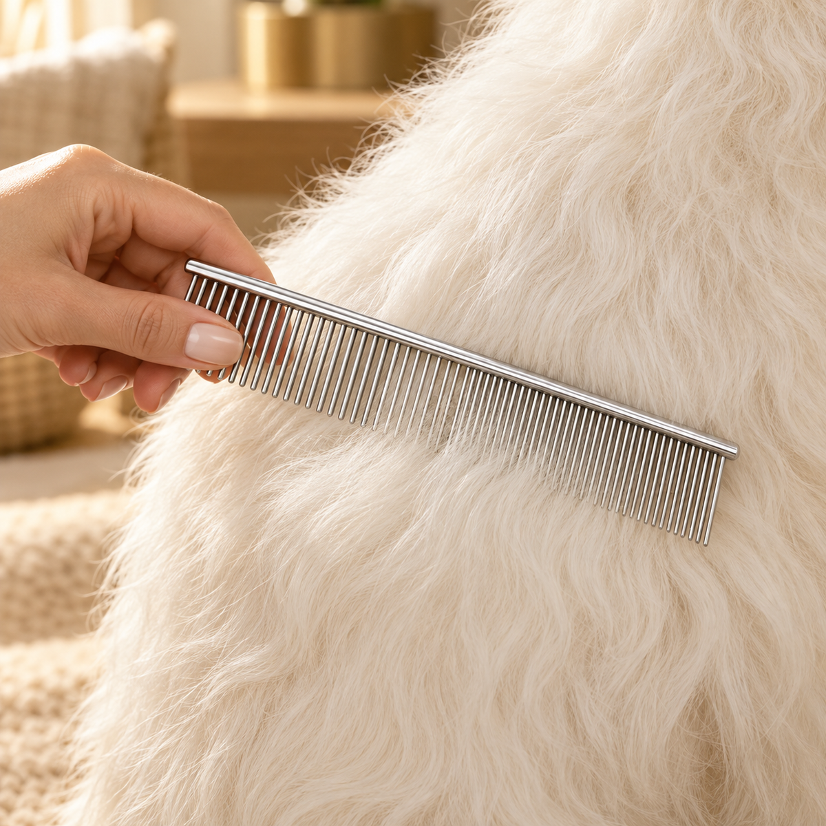 Hand draws a silver comb with two tooth spacings through the white body coat of a small dog