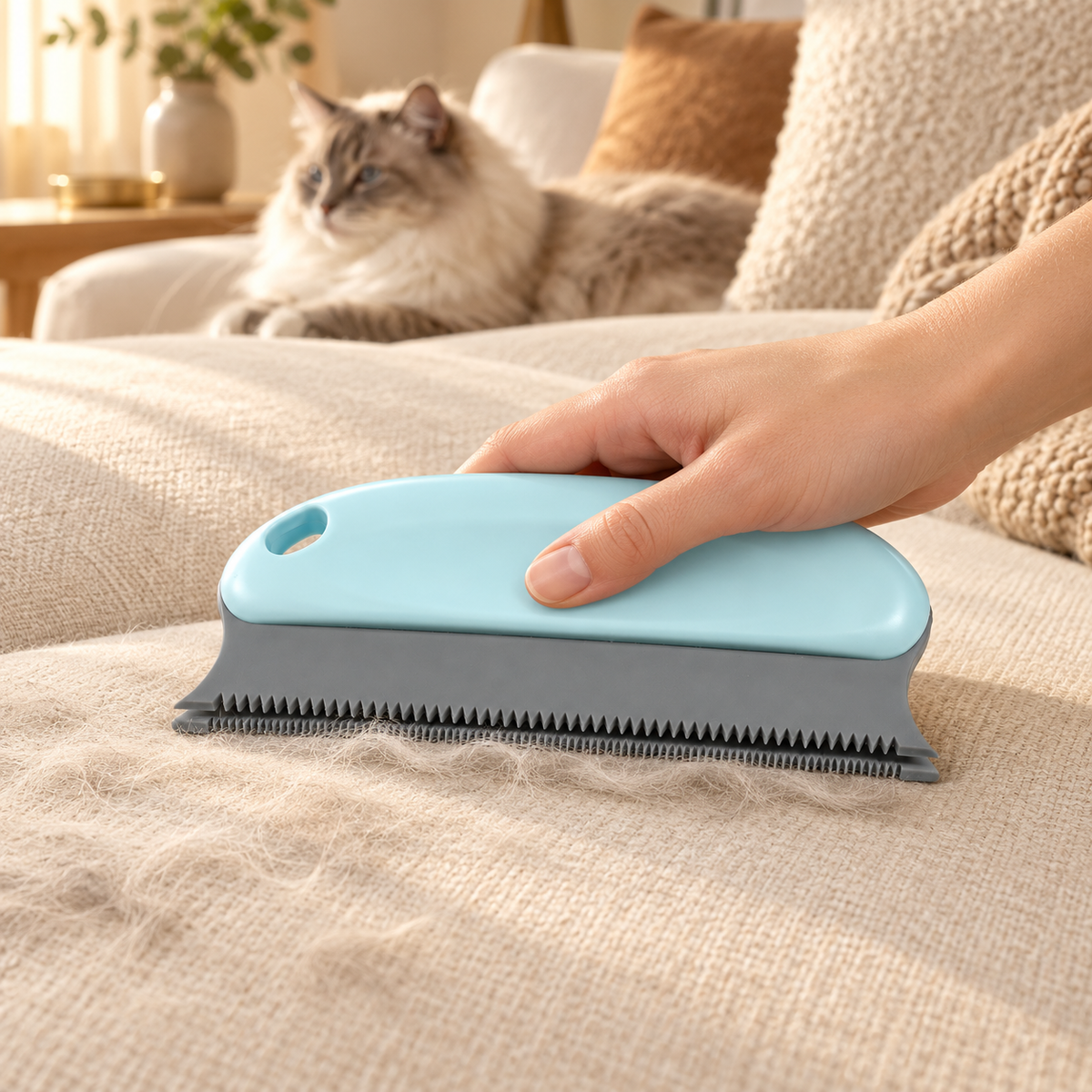 Hand gathering loose fur from a cream sofa with a pale blue toothed tool, with a cat on a separate cushion