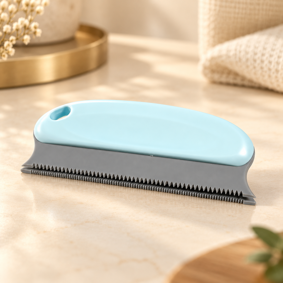 Close view of a pale blue handheld fur remover showing its contoured grip and fine gray teeth