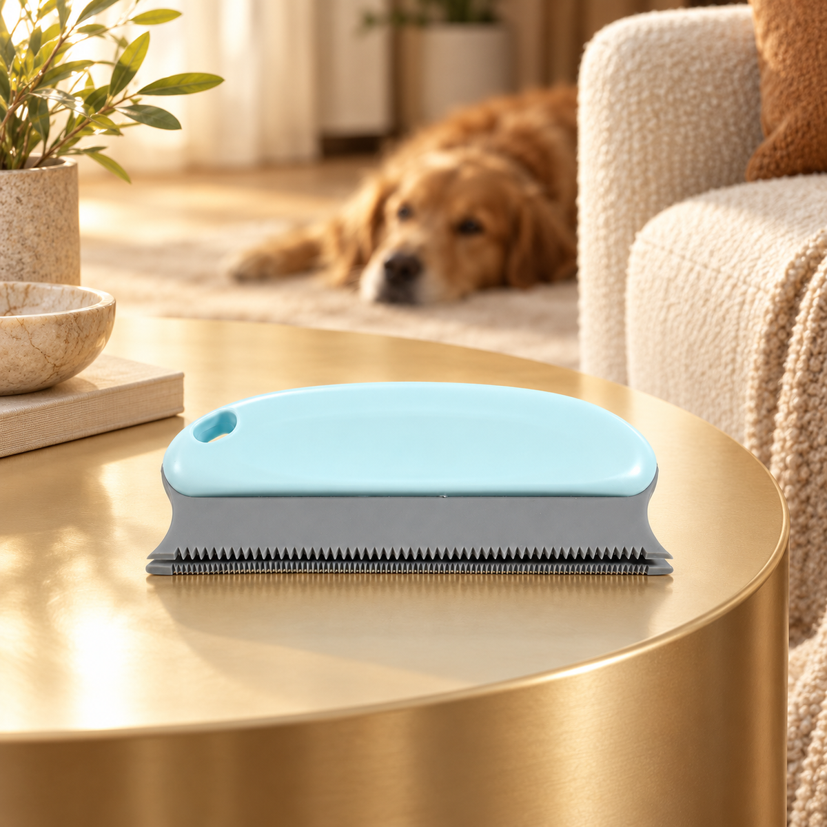 Pale blue pet hair remover on a round champagne side table, with a relaxed dog resting behind the sofa