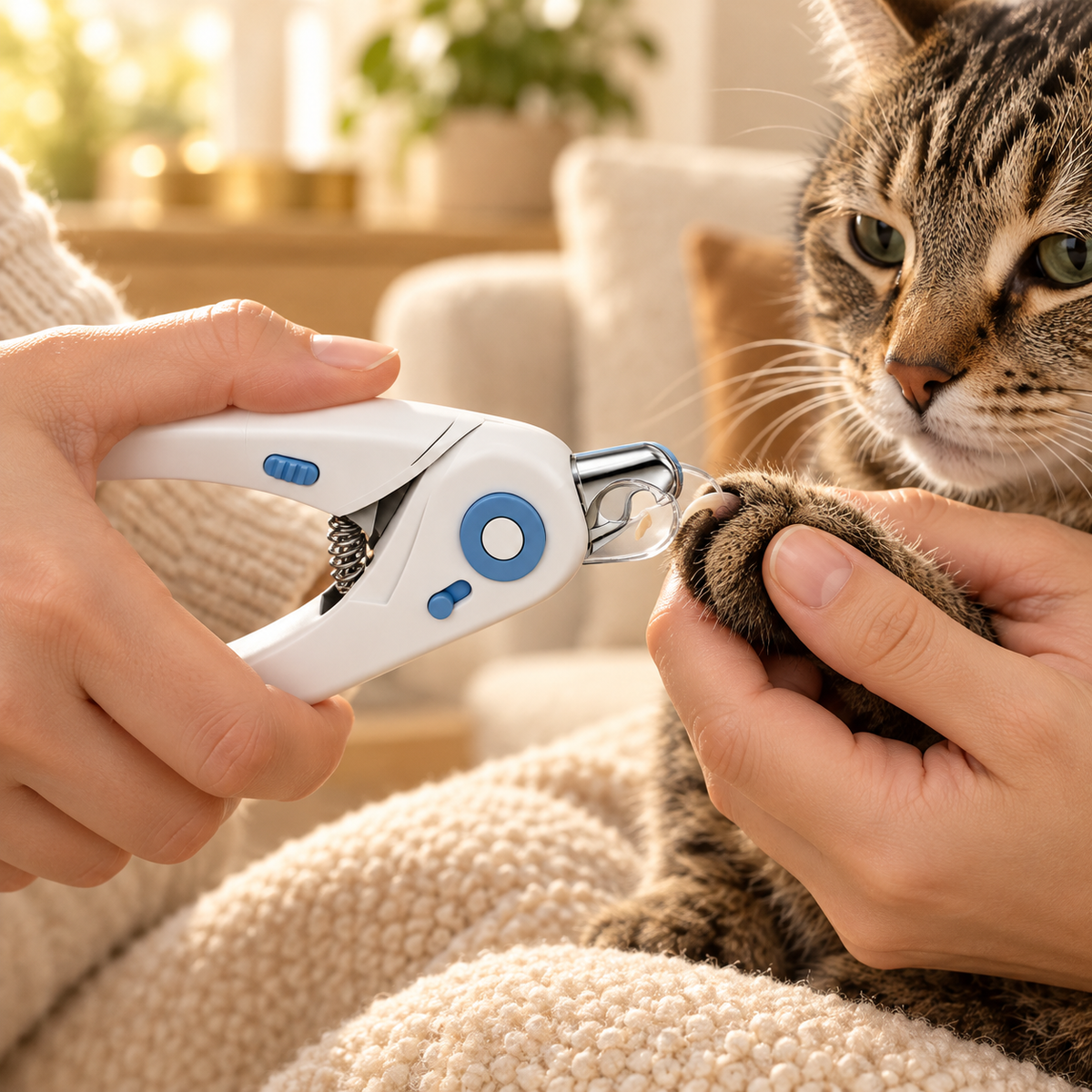 Hands trimming a tabby cat's claw with white clippers as the tip stays inside the clear guard