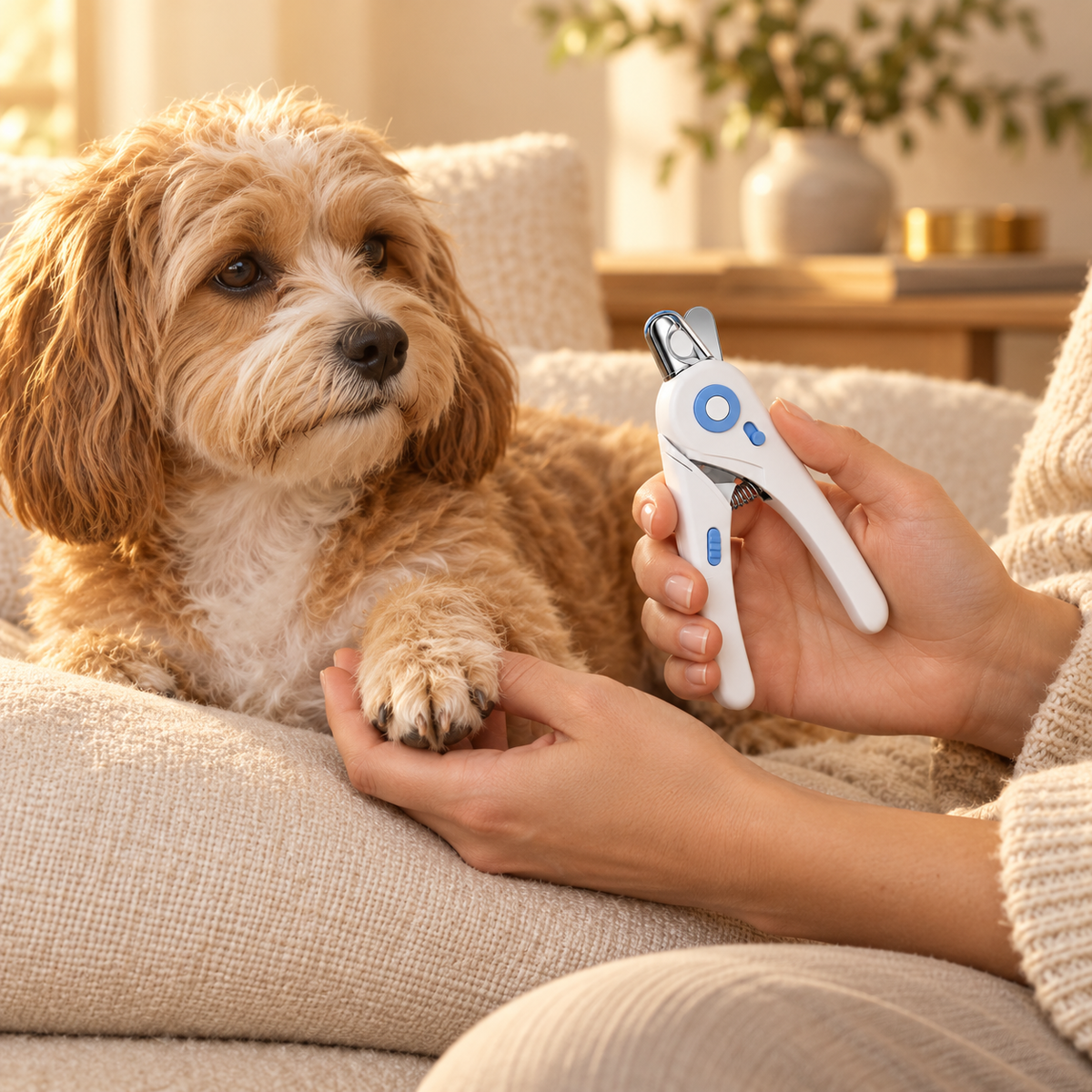 Fluffy small dog resting on a cushion while a hand holds its paw and white nail clippers