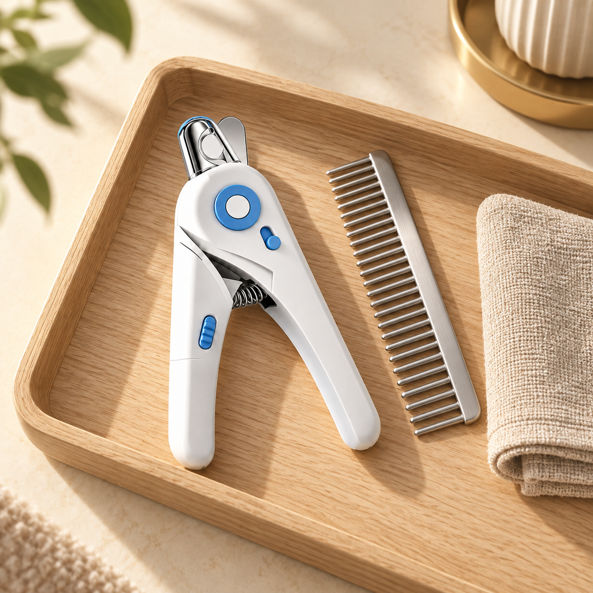 White nail clippers in a light oak tray beside a metal comb and a folded linen towel