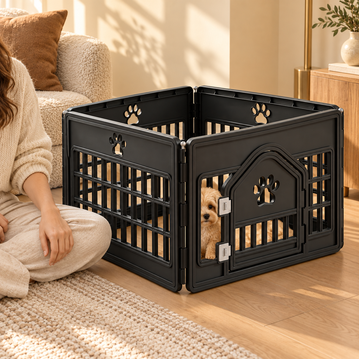 Person sitting beside a black four-panel plastic pen while a small tan puppy rests inside