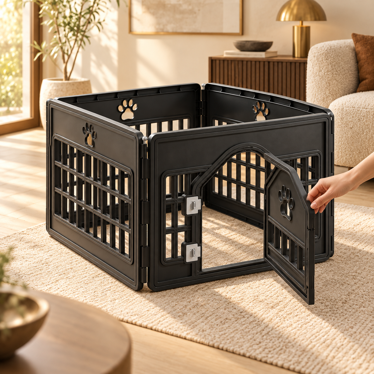 Hand opening the paw-cutout door outward on a black plastic playpen, with two silver latches visible