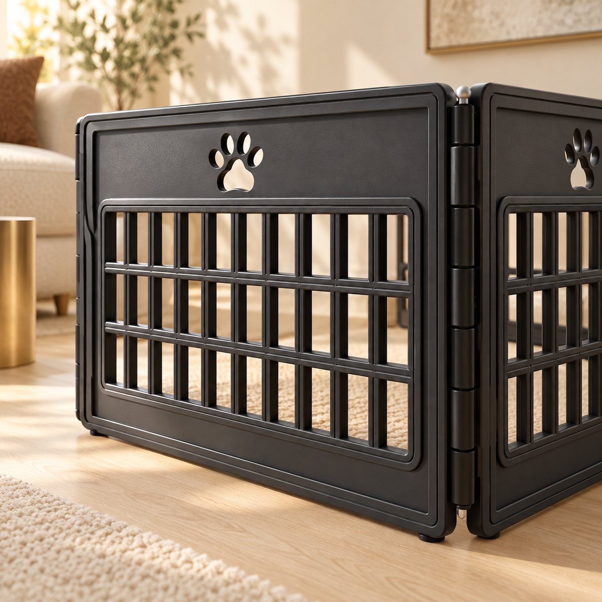 Two adjoining black plastic pen panels showing vertical slats, paw-shaped cutouts and corner hinges