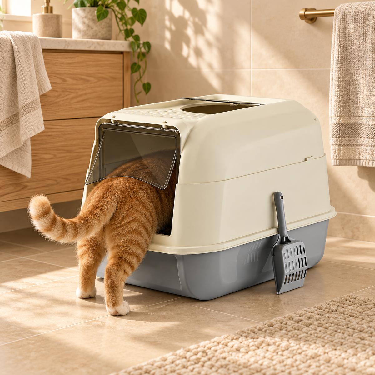 Orange tabby cat stepping through the tinted front flap of a cream covered litter box